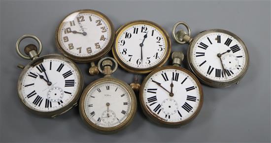 Three large pocket watches and three others.